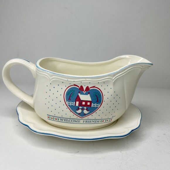 Gravy Boat & Plate Country Style Welcome Friends Ducks Blue  made in Japan 24oz. - Picture 4 of 9